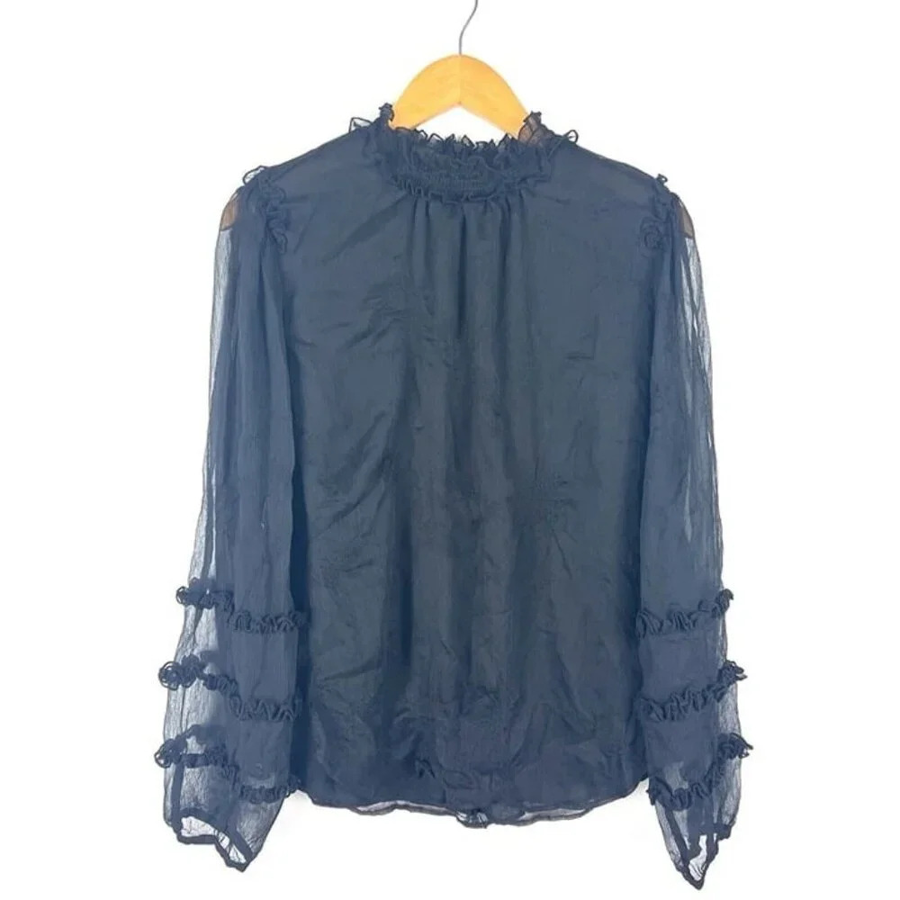 Ann Taylor‎ Sheer Black Blouse Sz L Ruffles Witchy Whimsygoth Fairy Grunge Boho